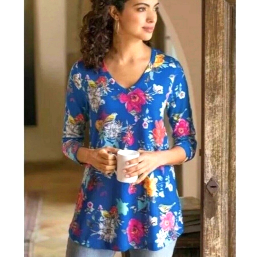 Soft Surroundings Cerulean Floral Butterflies Birds Vneck Tunic Size Small